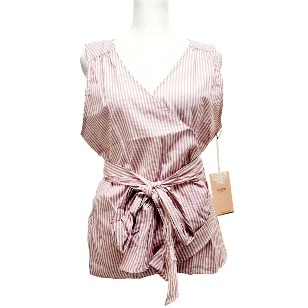 Striped Pink & White Sleeveless Wrap Top With Tie Waist By Blāshe Size L